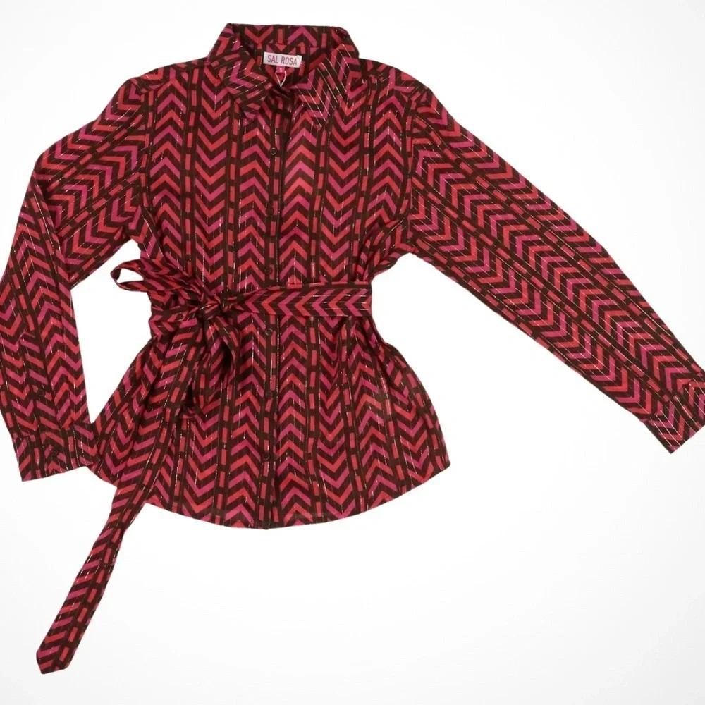 SAL ROSA PRINTED PINK BROWN SHIMMER STRIPE PALAZZO PANTS TOP OUTFIT SET SZ L - Picture 4 of 7